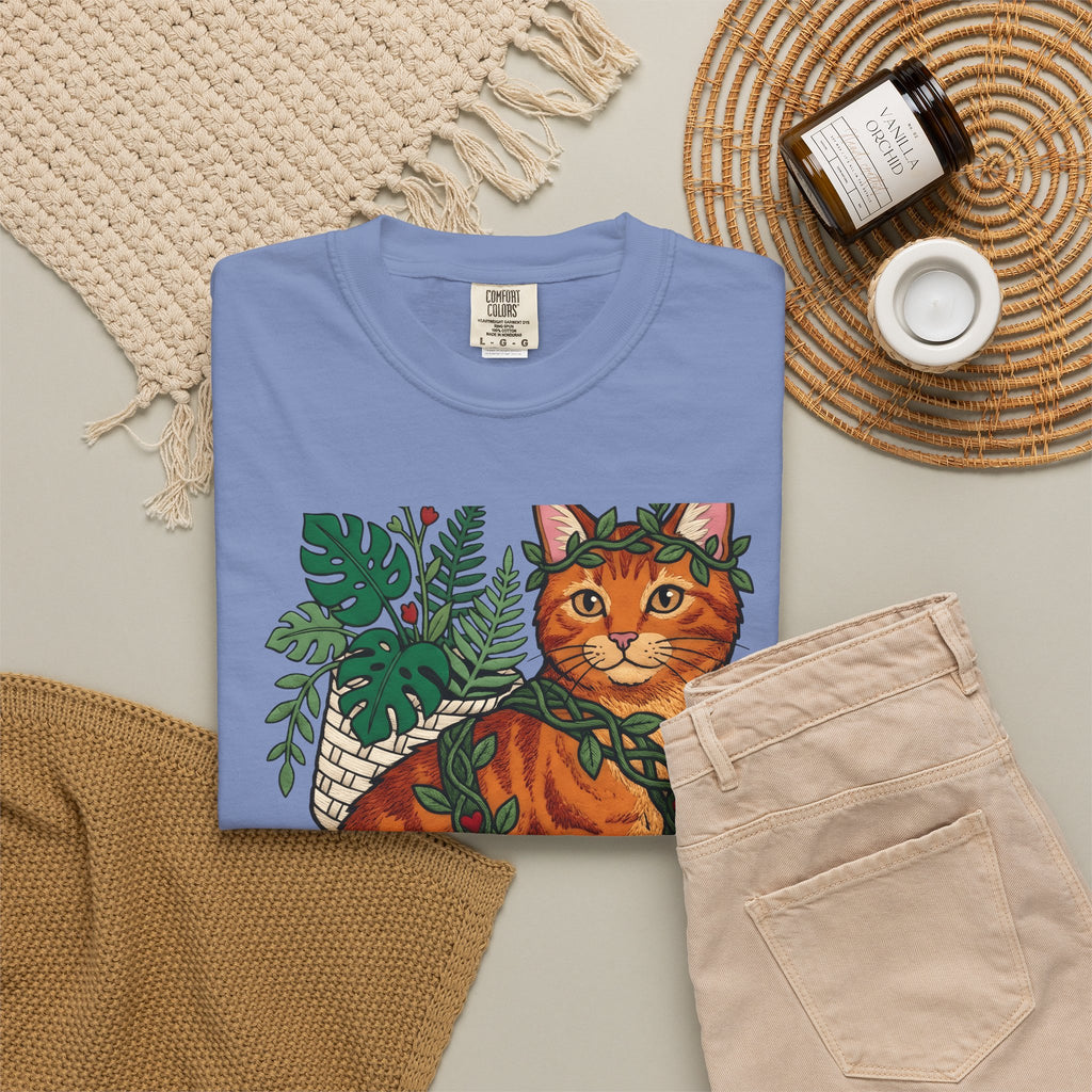 Ginger Cat T-Shirt Cat Wildlife Gift Women Floral T-Shirt Orange Cat T-Shirt Cat Fan Feline Graphic T-Shirt Sketch Indoor Plants T-Shirt