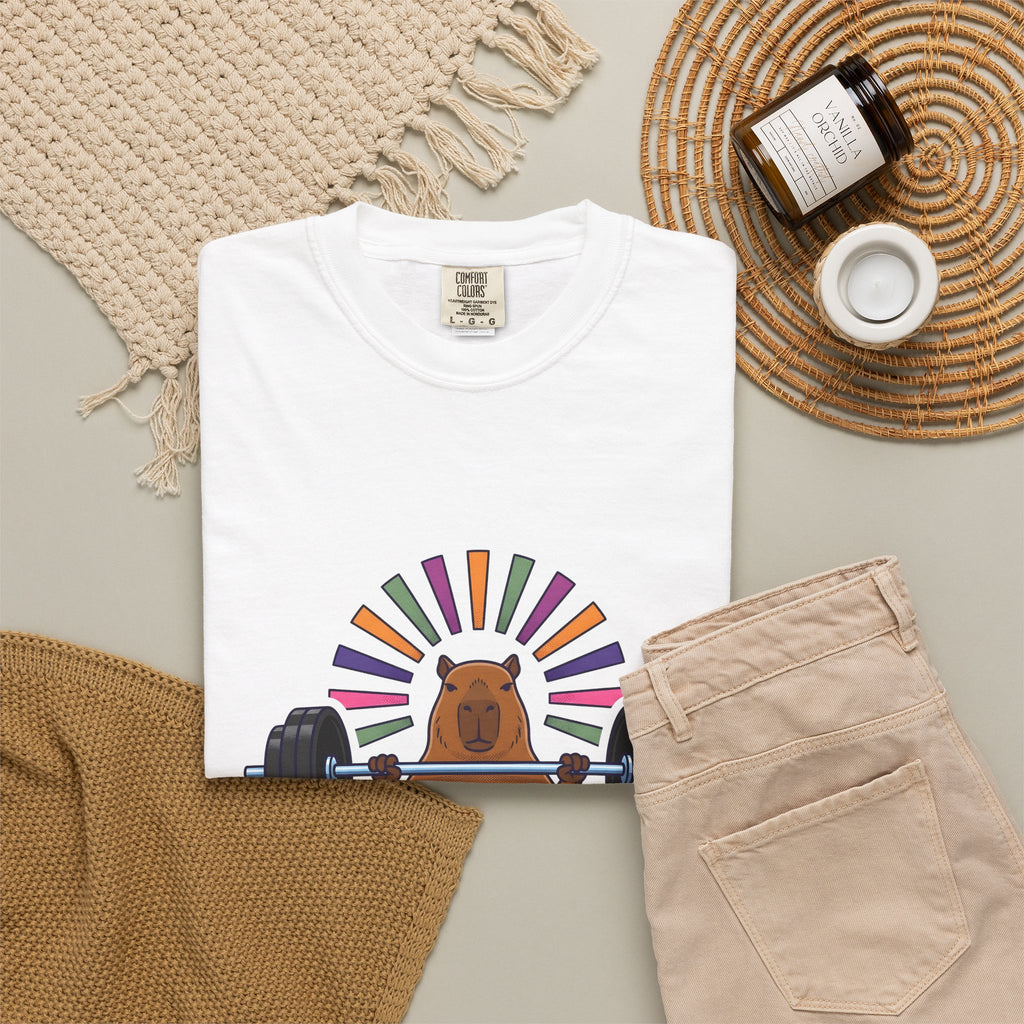 Capybara Gym Training T-Shirt Sports Pets Gift Women Hand Drawn T-Shirt Rodent T-Shirt Athlete Enthusiast Illustrated Pet Graphic Classic Rainbow
