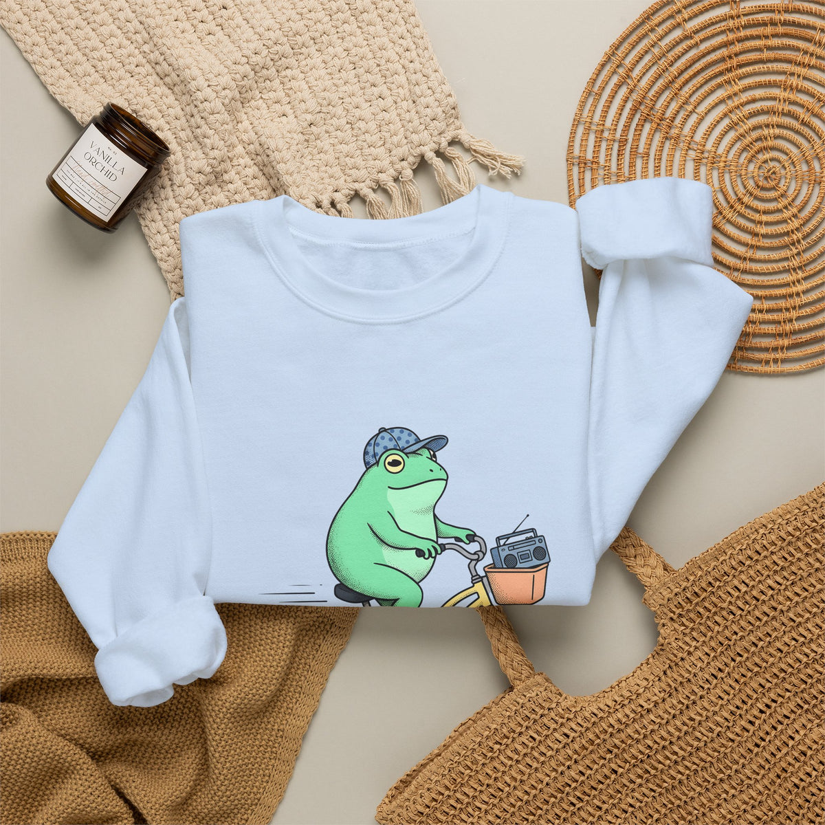 Frog Cycle Sweatshirt Funny Critters Gift Women Graphic Sweatshirt Toad Sweatshirt Humor Fan Cartoon Sweatshirt Creature Graphic Old School Music Player Sweatshirt