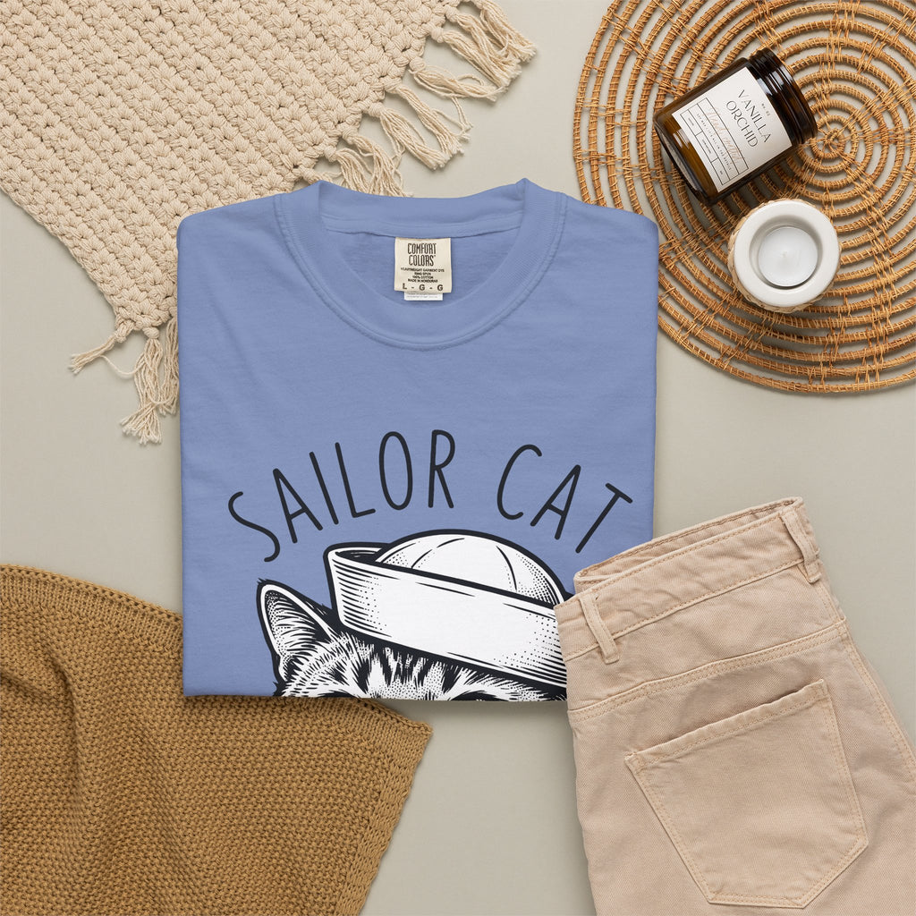 Cat Head T-Shirt Cat Sea Gift Women Sketch T-Shirt Kitten T-Shirt Cat Fan Feline T-Shirt Nautical Graphic Oceanic Design Line Art Captain Hat