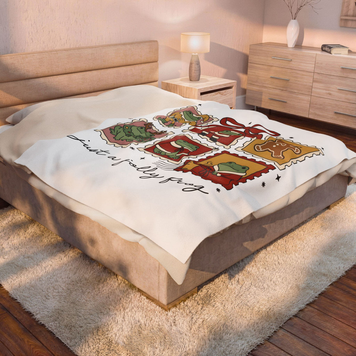 Frog Holiday Stamps Blanket Christmas Pets Gift Women Cute Blanket Toad Blanket Christmas Fan Kawaii Blanket Animal Graphic Vintage Festive Wreath