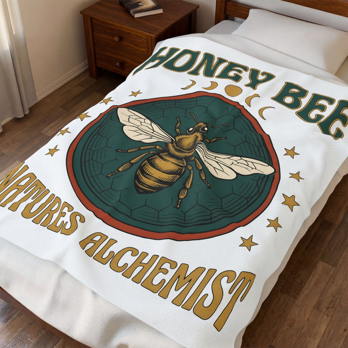 Honey Bee Blanket Boho Chic Nature Gift Women Vintage Blanket Bee Blanket Bohemian Fan Distressed Graphic Illustration Retro Stars Blanket