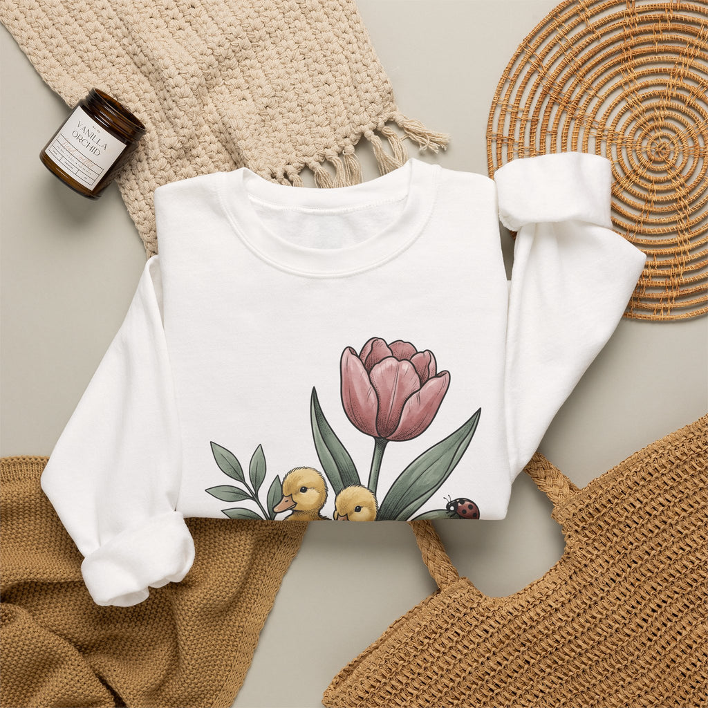Baby Ducks Watering Pot Sweatshirt Easter Garden Gift Women Sketch Sweatshirt Duckling Sweatshirt Spring Fan Doodle Sweatshirt Gardening Graphic Retro Flower