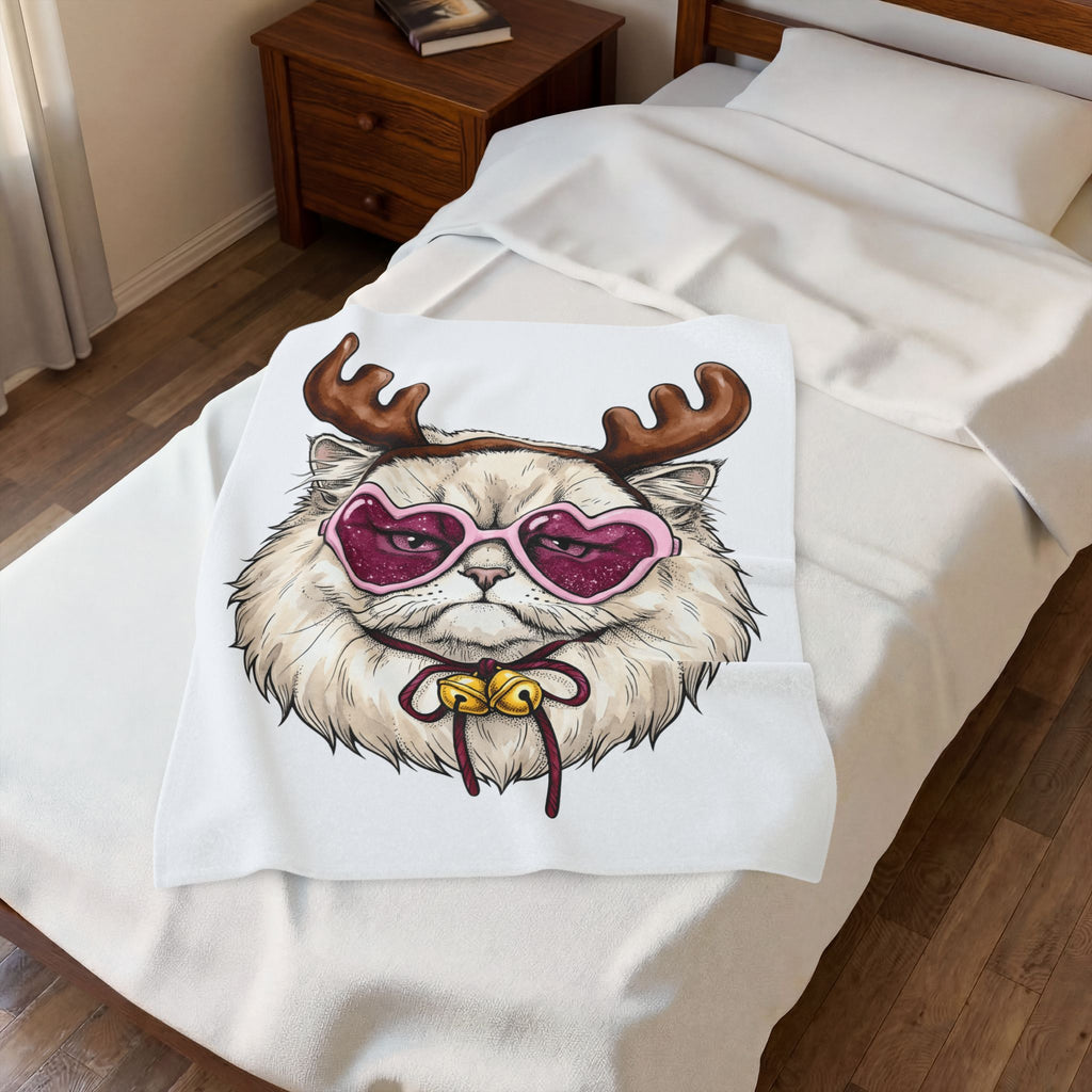 Cat Reindeer Blanket Christmas Cat Gift Women Hand Drawn Blanket Reindeer Blanket Xmas Fan Illustrated Graphic Kitten Design Vintage Heart