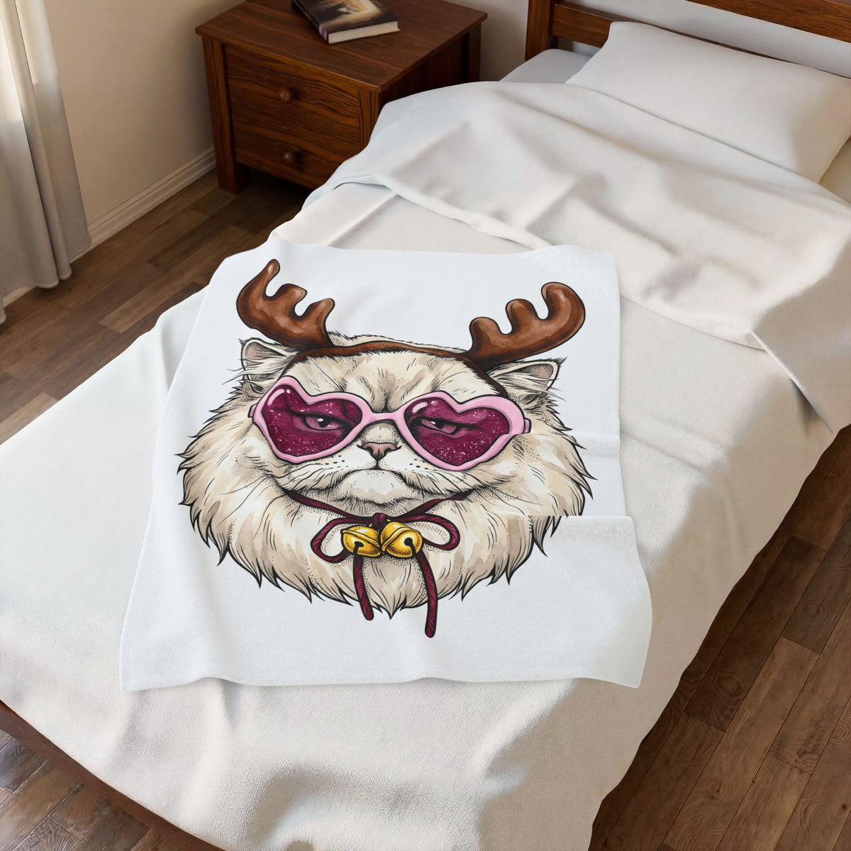 Cat Reindeer Blanket Christmas Cat Gift Women Hand Drawn Blanket Reindeer Blanket Xmas Fan Illustrated Graphic Kitten Design Vintage Heart