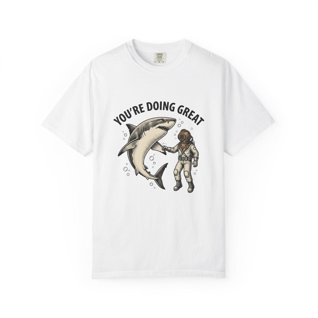 Shark Diver T-Shirt Funny Water Gift Women Hand Drawn T-Shirt Scuba Diver T-Shirt Humor Fan Oceanic Graphic T-Shirt Line Art Air Bubbles T-Shirt
