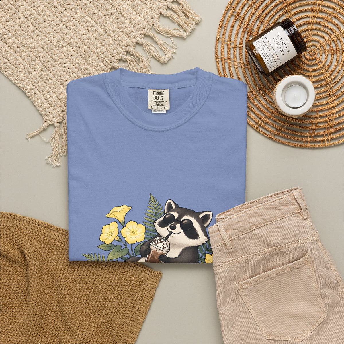 Raccoon Cappuccino T-Shirt Coffee Pet Gift Women Cartoon T-Shirt Cappuccino T-Shirt Coffee Fan Caricature T-Shirt Animal Graphic Outline Florals