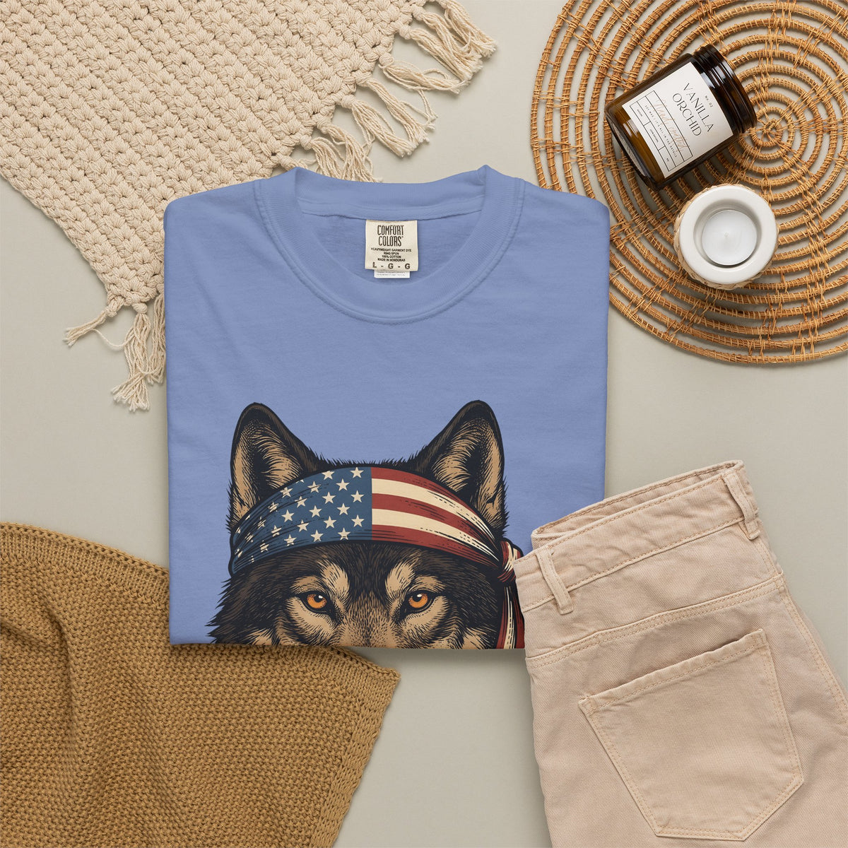Wolf Face T-Shirt 4th Of July Wildlife Gift Women Retro T-Shirt Lupine T-Shirt Independence Day Fan Vintage T-Shirt Animal Graphic Sketch Flag