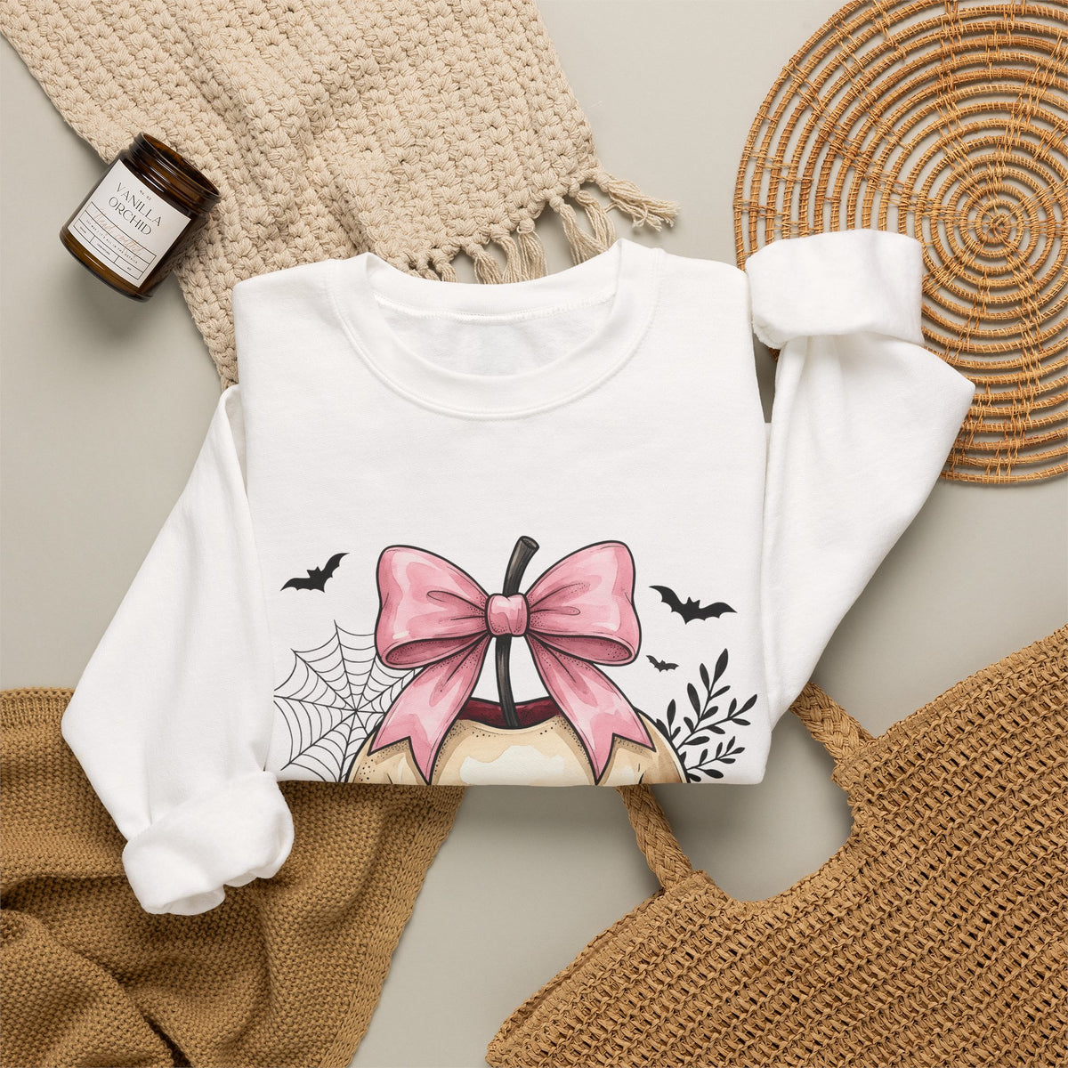 Skeleton Apple Sweatshirt Halloween Scary Gift Women Horror Sweatshirt Bone Sweatshirt Spooky Fan Macabre Sweatshirt Frightful Graphic Hand Drawn Pink Hair Bow