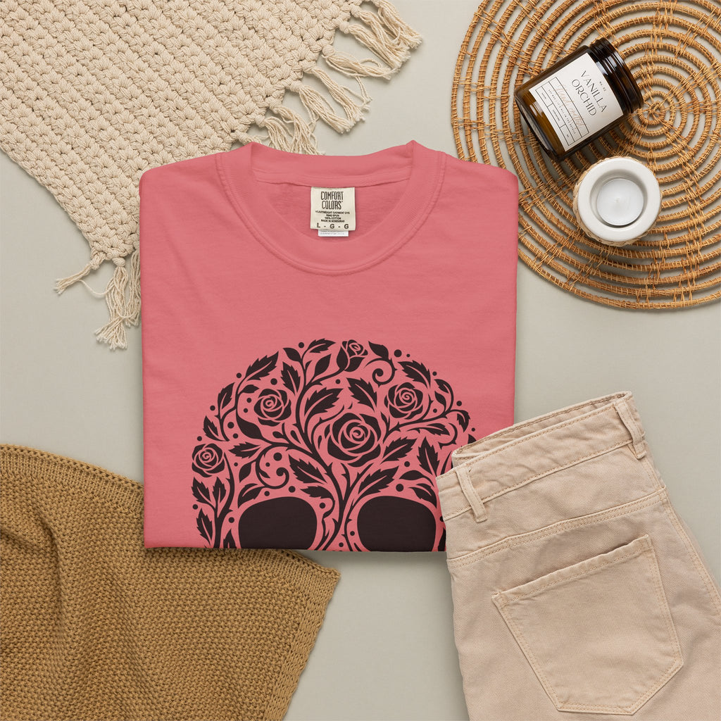 Blossom Skull T-Shirt St. Valentine's Day Macabre Gift Women Line Art T-Shirt Sugar Skull T-Shirt Valentine Fan Hand Drawn T-Shirt Dark Graphic