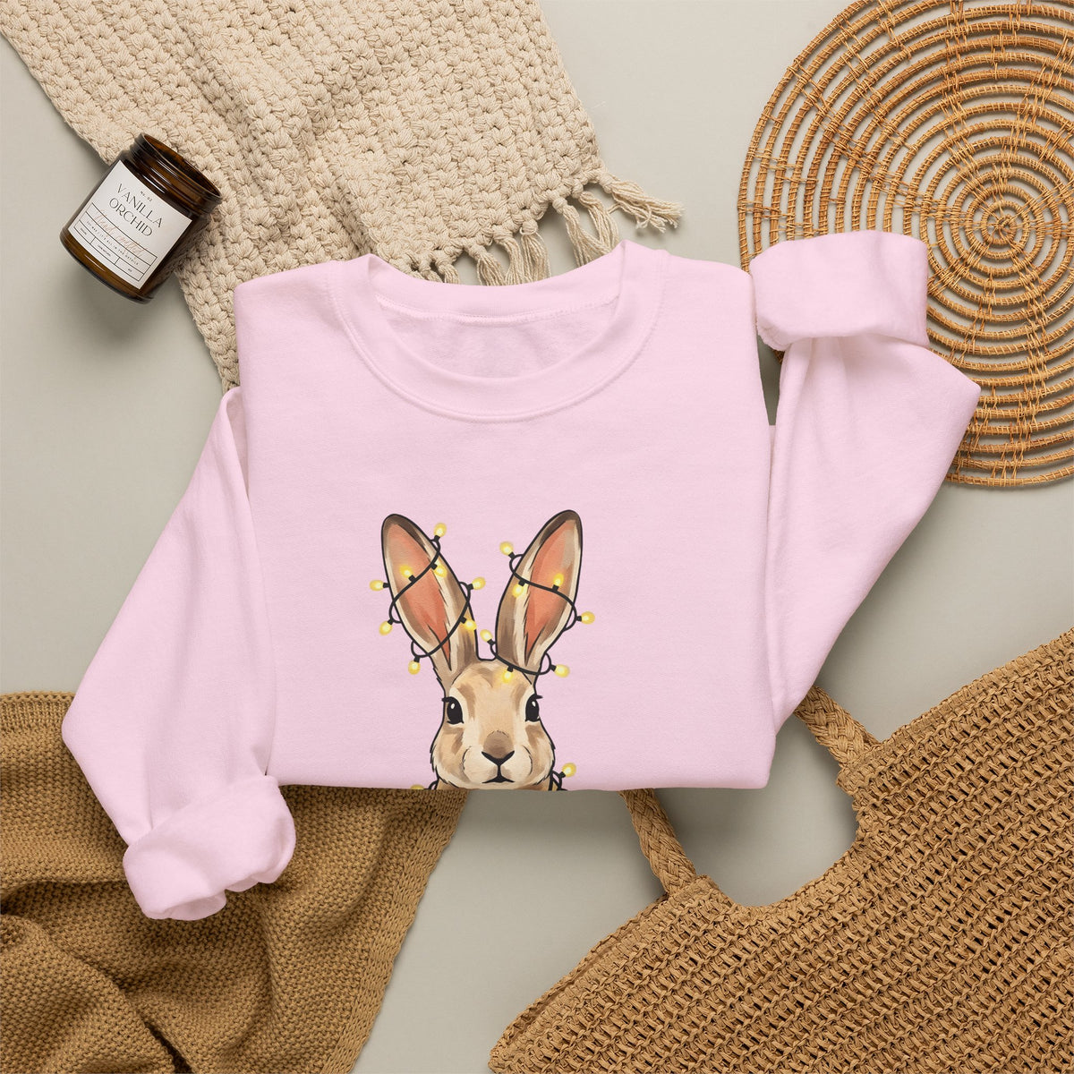 Bunny Sweatshirt Animals Holiday Gift Women Cute Sweatshirt Rabbit Sweatshirt Pet Fan Cute Sweatshirt Christmas Graphic Hand Drawn String Lights Sweatshirt