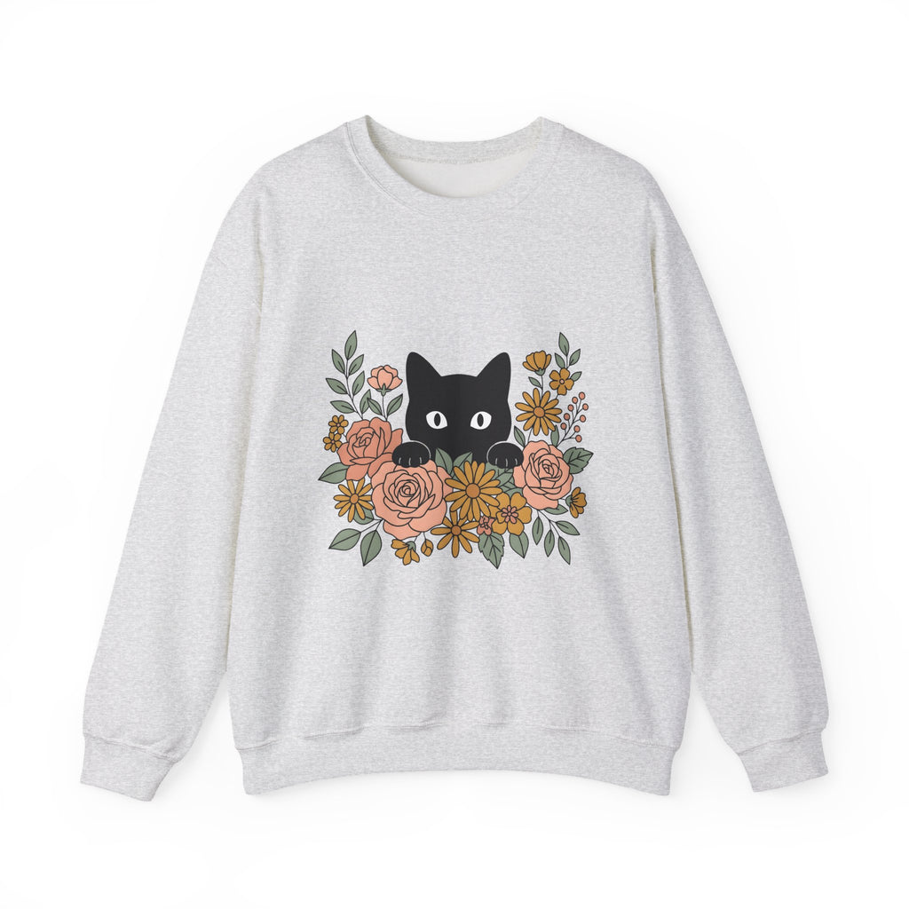 Black Cat Sweatshirt Halloween Garden Gift Women Print Art Sweatshirt Cat Sweatshirt Horror Fan Graphic Sweatshirt Yard Graphic Classic Flower Arrangement