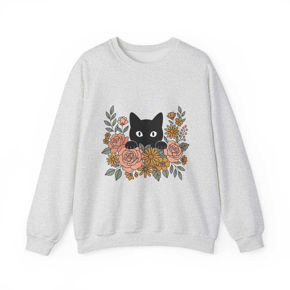 Black Cat Sweatshirt Halloween Garden Gift Women Print Art Sweatshirt Cat Sweatshirt Horror Fan Graphic Sweatshirt Yard Graphic Classic Flower Arrangement