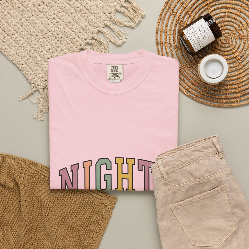 Varsity Lettering Design T-Shirt Nurses Graveyard Shift Gift Women Pale Hues T-Shirt Letterman T-Shirt Nursing Enthusiast Pastel T-Shirt Night