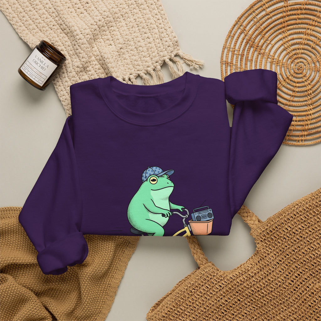 Frog Cycle Sweatshirt Funny Critters Gift Women Graphic Sweatshirt Toad Sweatshirt Humor Fan Cartoon Sweatshirt Creature Graphic Old School Music Player Sweatshirt