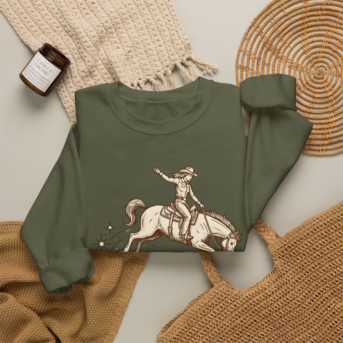 Cowboy Horse Cowgirl Ranch Gift Retro Stallion Cowboy Fan Horseback Sketch Crescent Sweatshirt