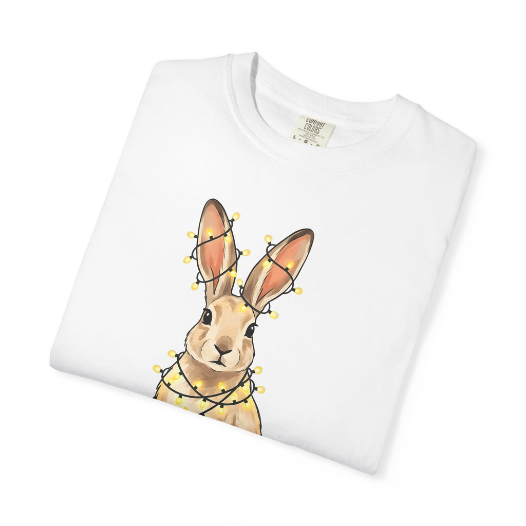 Bunny T-Shirt Animals Holiday Gift Women Cute T-Shirt Rabbit T-Shirt Pet Fan Cute T-Shirt Christmas Graphic Hand Drawn String Lights T-Shirt