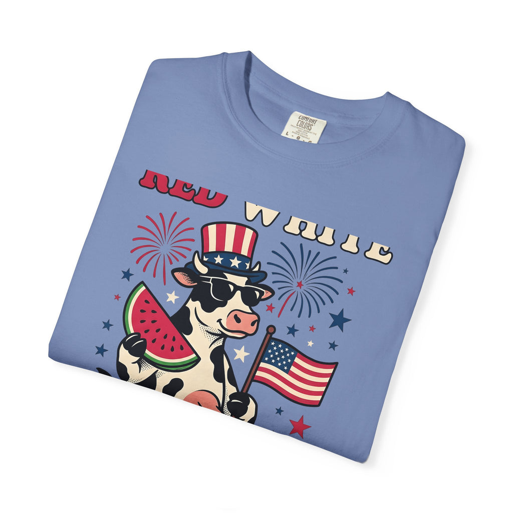 Patriotic Cow T-Shirt 4th Of July Farming Gift Women Animated T-Shirt Cowgirl T-Shirt Independence Fan Cartoon T-Shirt Agricultural Graphic Classic