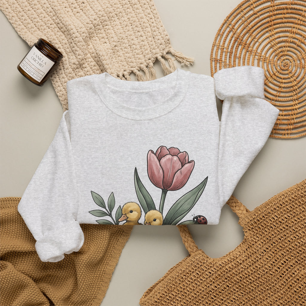 Baby Ducks Watering Pot Sweatshirt Easter Garden Gift Women Sketch Sweatshirt Duckling Sweatshirt Spring Fan Doodle Sweatshirt Gardening Graphic Retro Flower