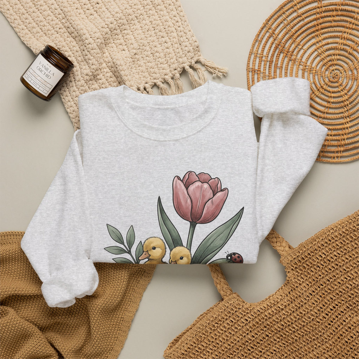Baby Ducks Watering Pot Sweatshirt Easter Garden Gift Women Sketch Sweatshirt Duckling Sweatshirt Spring Fan Doodle Sweatshirt Gardening Graphic Retro Flower