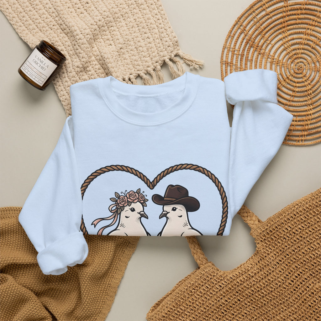 Dove Duo Sweatshirt Cowgirl Ranch Gift Women Classic Sweatshirt Pigeons Sweatshirt Rodeo Fan Rustic Graphic Sweatshirt Pen Drawing Braided Heart Sweatshirt