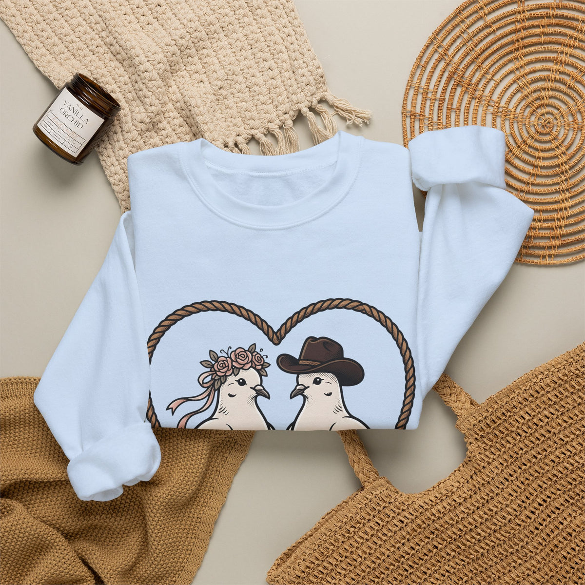Dove Duo Sweatshirt Cowgirl Ranch Gift Women Classic Sweatshirt Pigeons Sweatshirt Rodeo Fan Rustic Graphic Sweatshirt Pen Drawing Braided Heart Sweatshirt