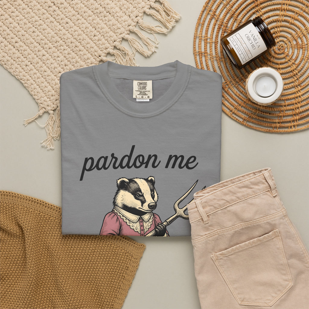 Badger Attire T-Shirt Funny Critter Gift Women Rustic T-Shirt Badger T-Shirt Humor Fan Folk T-Shirt Animal Graphic Doodle Fork Tool T-Shirt