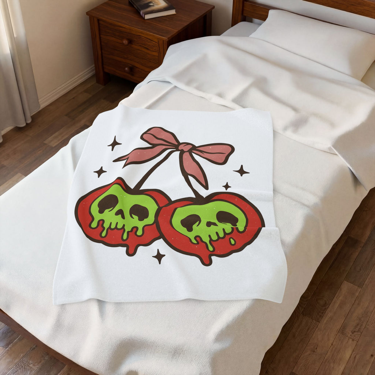Skull Cherry Blanket Halloween Eerie Gift Women Fun Blanket Sugar Skull Blanket Spooky Fan Cartoon Blanket Dark Graphic Bow Tie Blanket