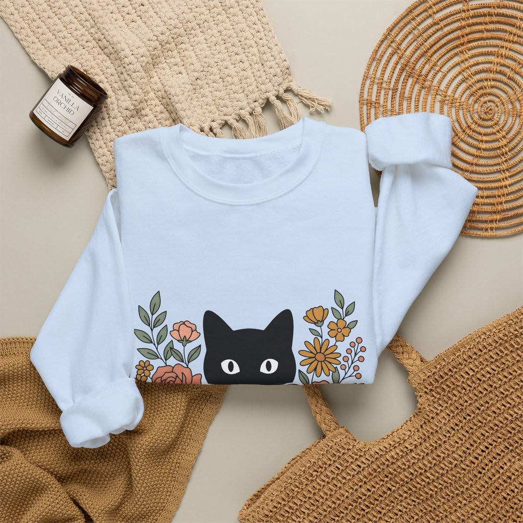 Black Cat Sweatshirt Halloween Garden Gift Women Print Art Sweatshirt Cat Sweatshirt Horror Fan Graphic Sweatshirt Yard Graphic Classic Flower Arrangement