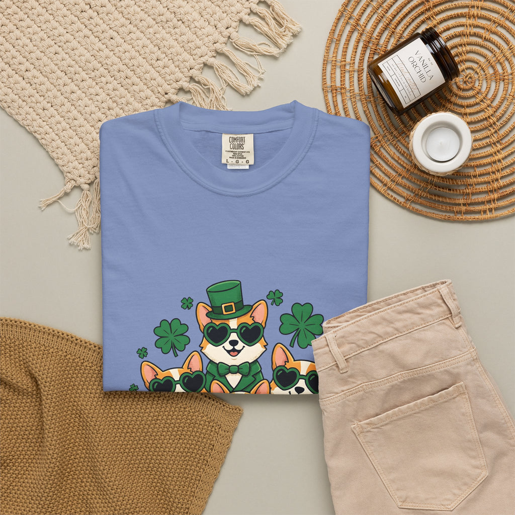 Corgi Puppies T-Shirt St Patrick's Day Pet Owner Gift Women Comic T-Shirt Puppy T-Shirt Shamrock Fan Cartoon T-Shirt Dog Mom Graphic Chibi Clover