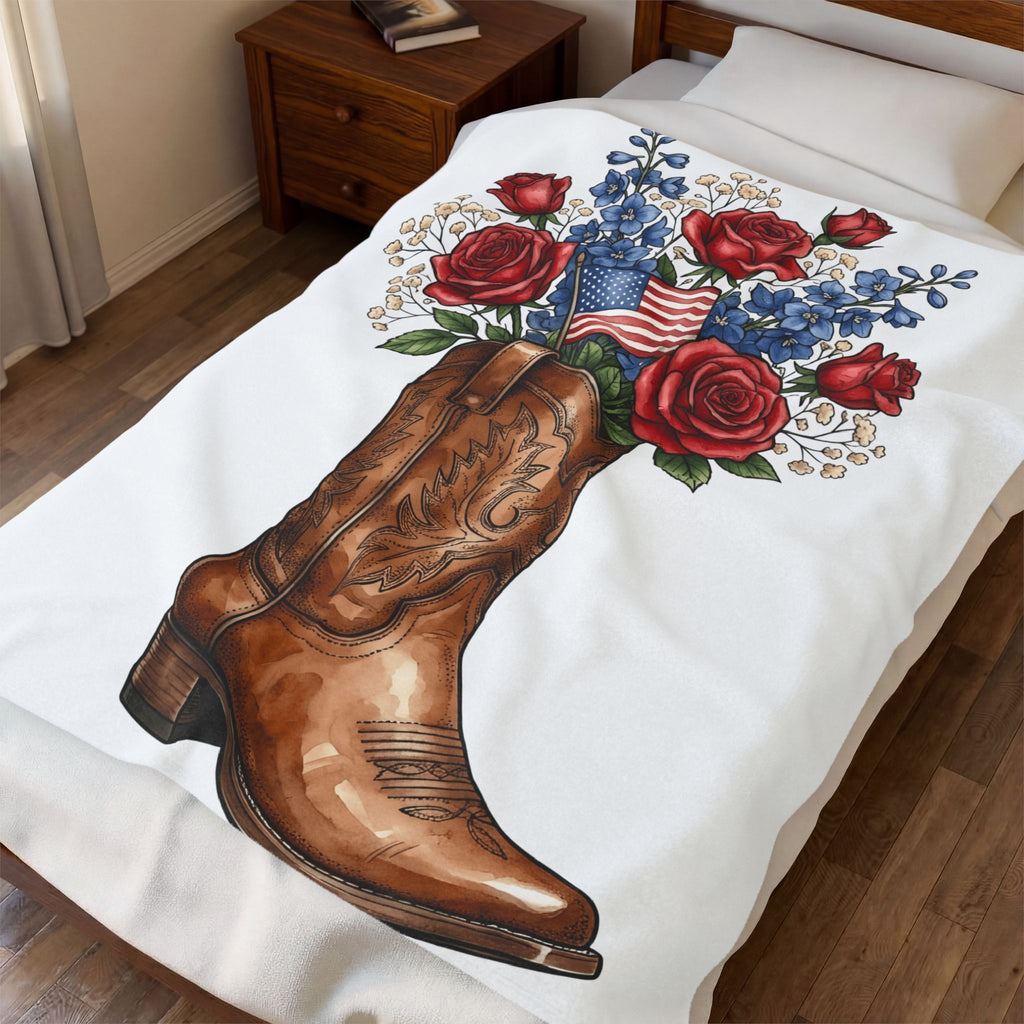 Cowboy Boot Floral America 4Th Of July Western Gift Hand Drawn Boot Patriot Fan Blanket