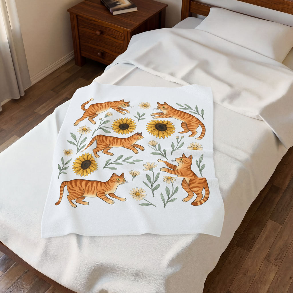 Ginger Cats Blanket Cat Flower Gift Women Cartoon Blanket Orange Cat Blanket Cat Fan Feline Graphic Illustration Comic Blanket Sketch Sunflower