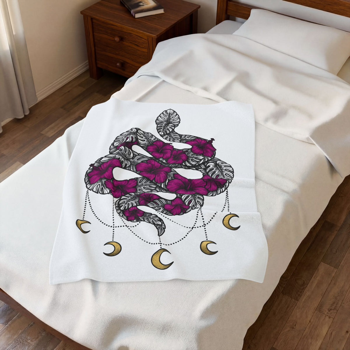Serpent Flower Blanket Boho Chic Spiritual Gift Women Hippie Blanket Snake Flower Blanket Bohemian Enthusiast Psychedelic Blanket Mystical Graphic