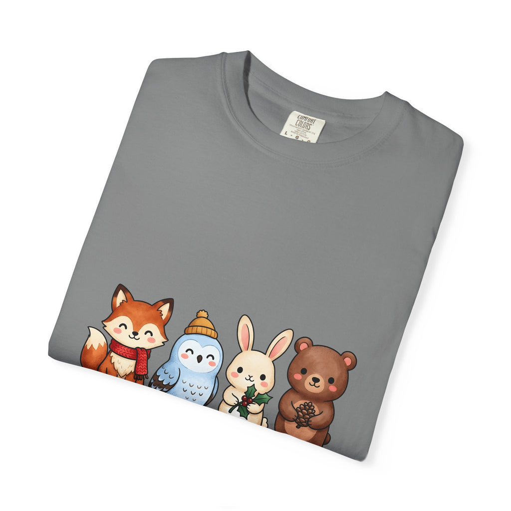 Forest Creatures T-Shirt Christmas Wildlife Gift Women Adorable T-Shirt Woodland T-Shirt Xmas Fan Cute T-Shirt Animal Graphic Comic Mistletoe