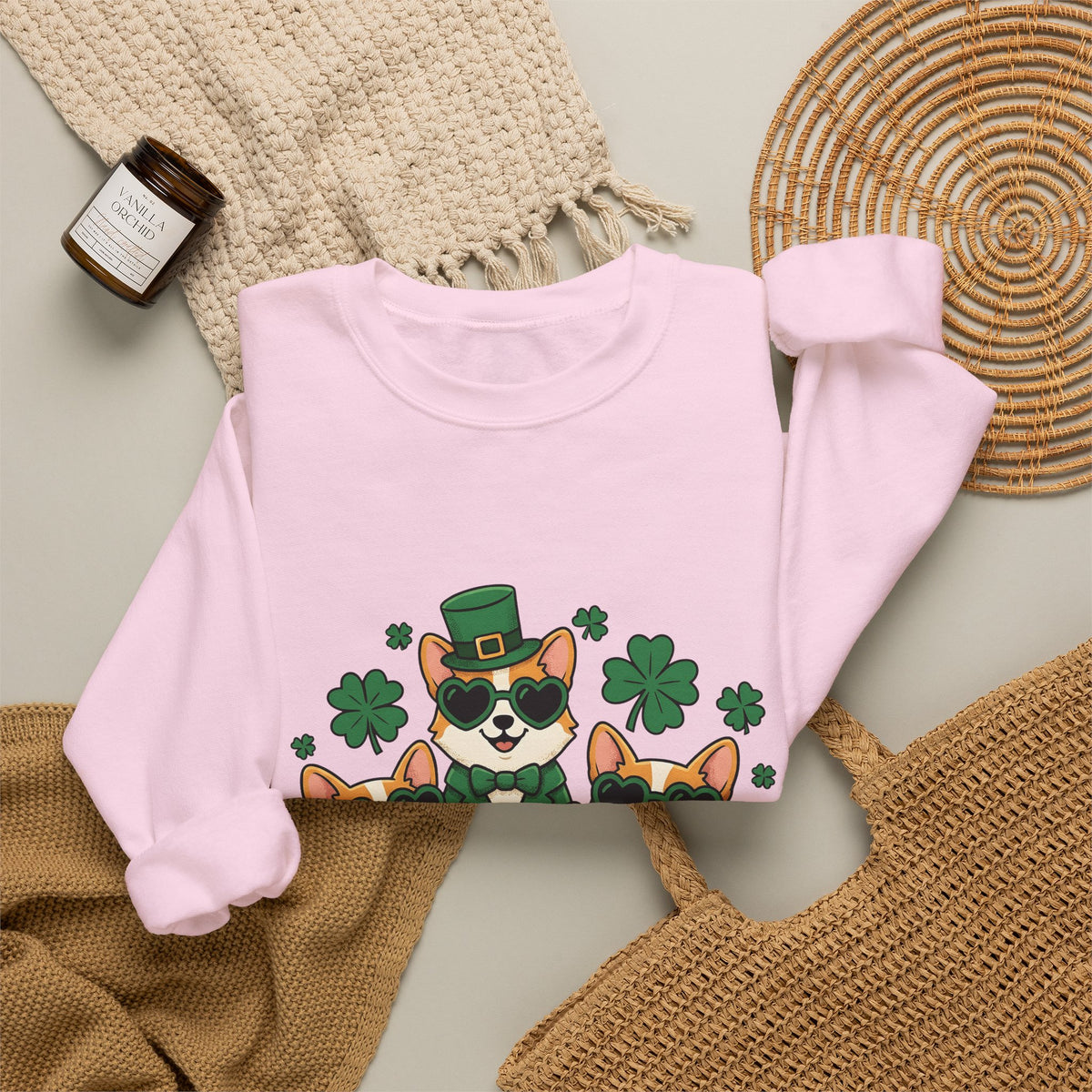 Corgi Puppies Sweatshirt St Patrick's Day Pet Owner Gift Women Comic Sweatshirt Puppy Sweatshirt Shamrock Fan Cartoon Sweatshirt Dog Mom Graphic Chibi Clover