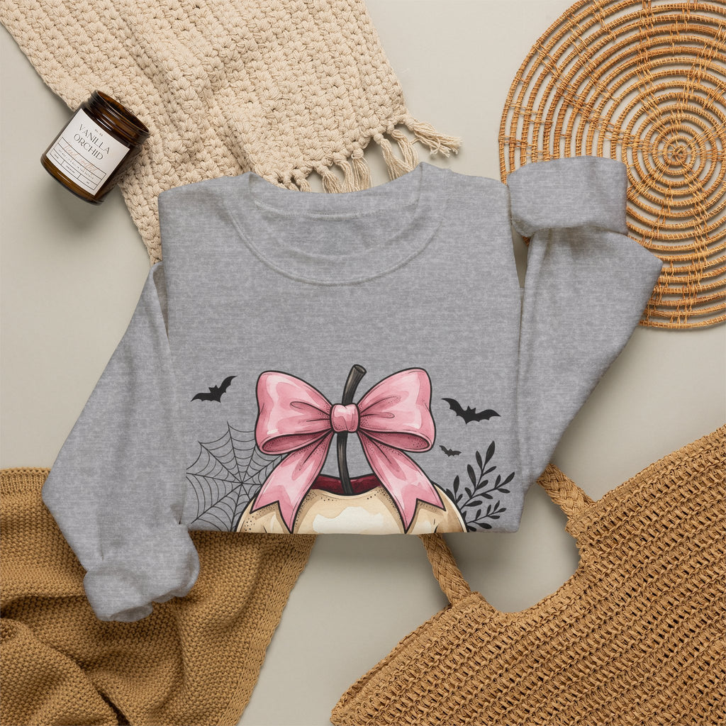 Skeleton Apple Sweatshirt Halloween Scary Gift Women Horror Sweatshirt Bone Sweatshirt Spooky Fan Macabre Sweatshirt Frightful Graphic Hand Drawn Pink Hair Bow