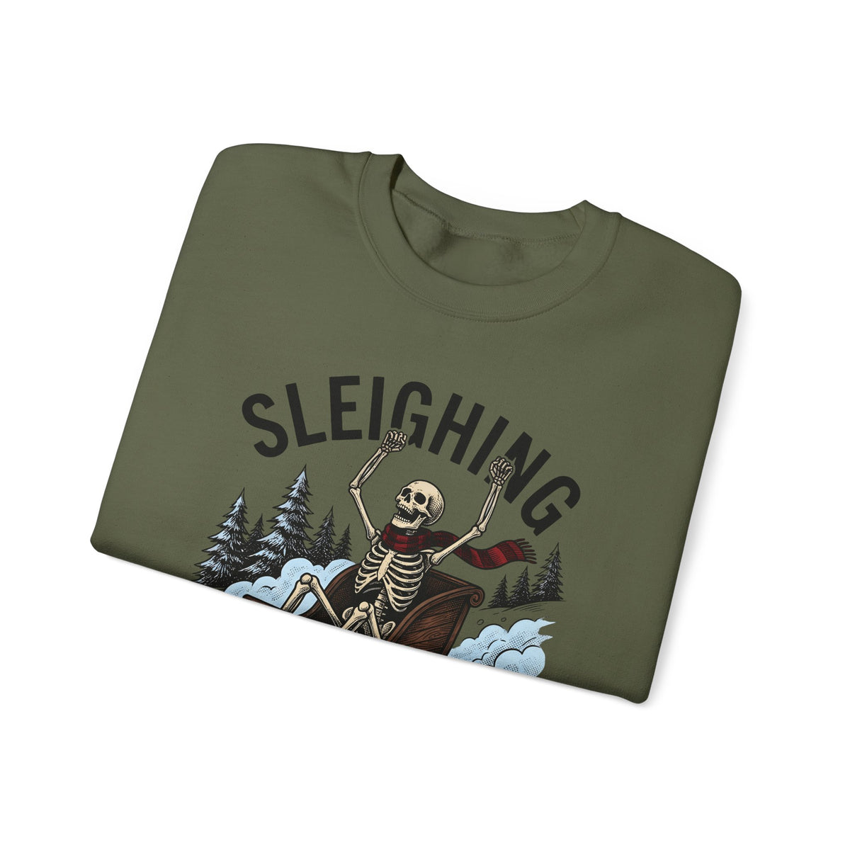 Bone Sleigh Sweatshirt Christmas Comedy Gift Women Shabby Chic Sweatshirt Sleigh Bell Sweatshirt Xmas Fan Distressed Sweatshirt Humor Graphic Doodle Fir Trees