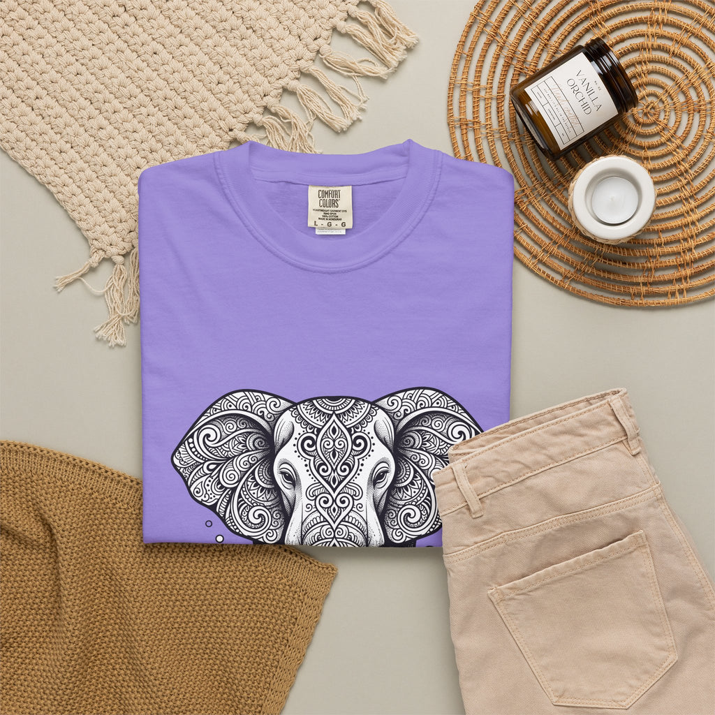 Elephant Art T-Shirt Boho Chic Critter Gift Women Hippie T-Shirt Pachyderm T-Shirt Bohemian Fan Psychedelic T-Shirt Animal Graphic Line Art