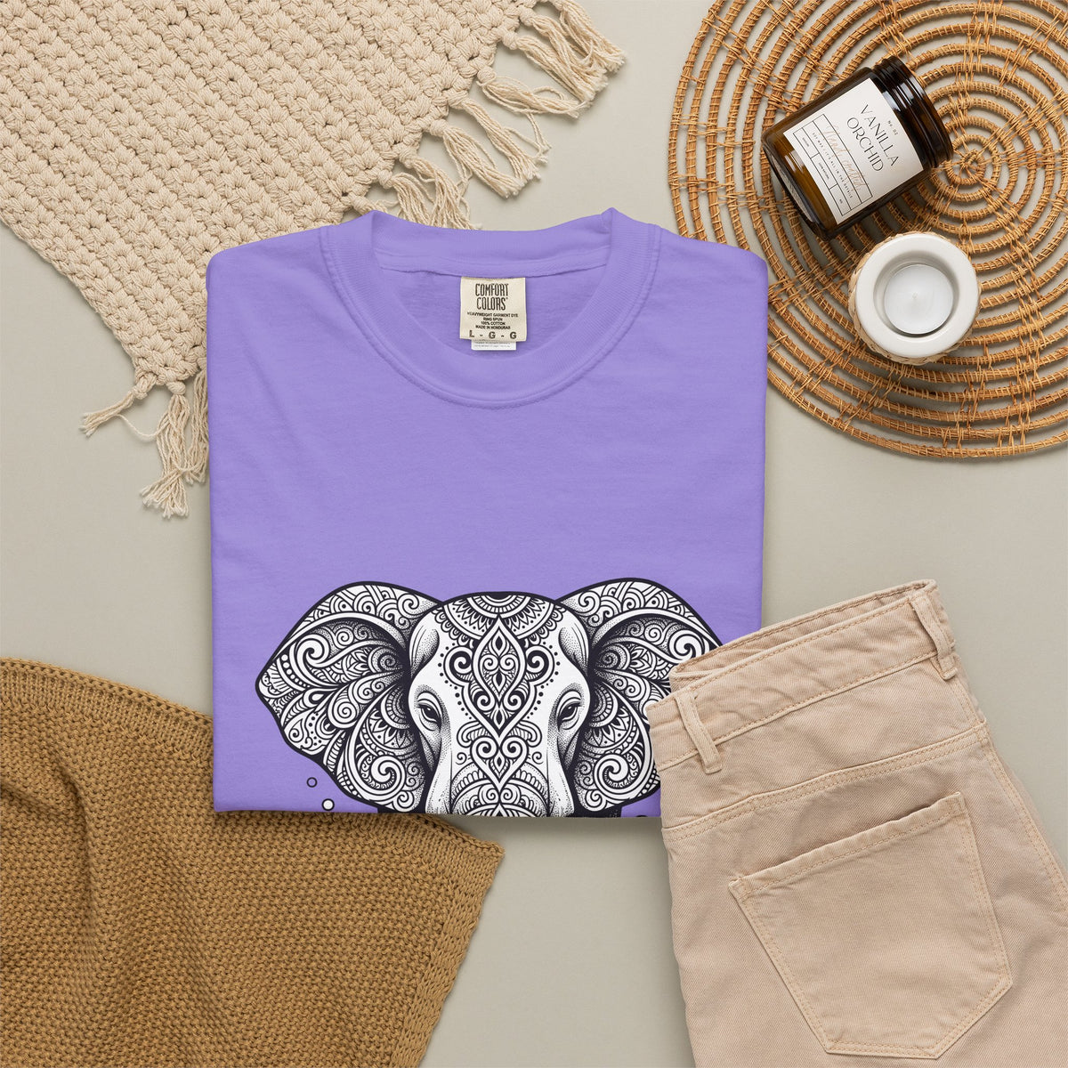 Elephant Art T-Shirt Boho Chic Critter Gift Women Hippie T-Shirt Pachyderm T-Shirt Bohemian Fan Psychedelic T-Shirt Animal Graphic Line Art
