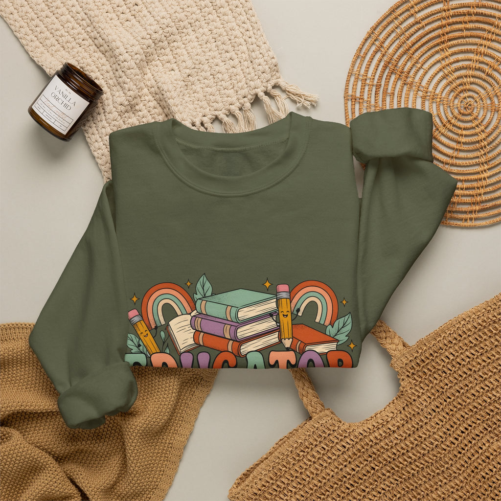 Books Pencils Sweatshirt Teacher School Gift Women Cartoon Sweatshirt Stationery Sweatshirt Educator Enthusiast Comic Sweatshirt Classroom Graphic Retro