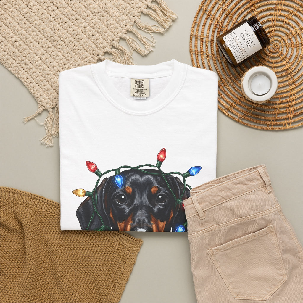 Dachshund Dog T-Shirt Dog Holiday Gift Women Realistic T-Shirt Wiener Dog T-Shirt Dog Fan Photorealistic T-Shirt Christmas Graphic Hand Drawn