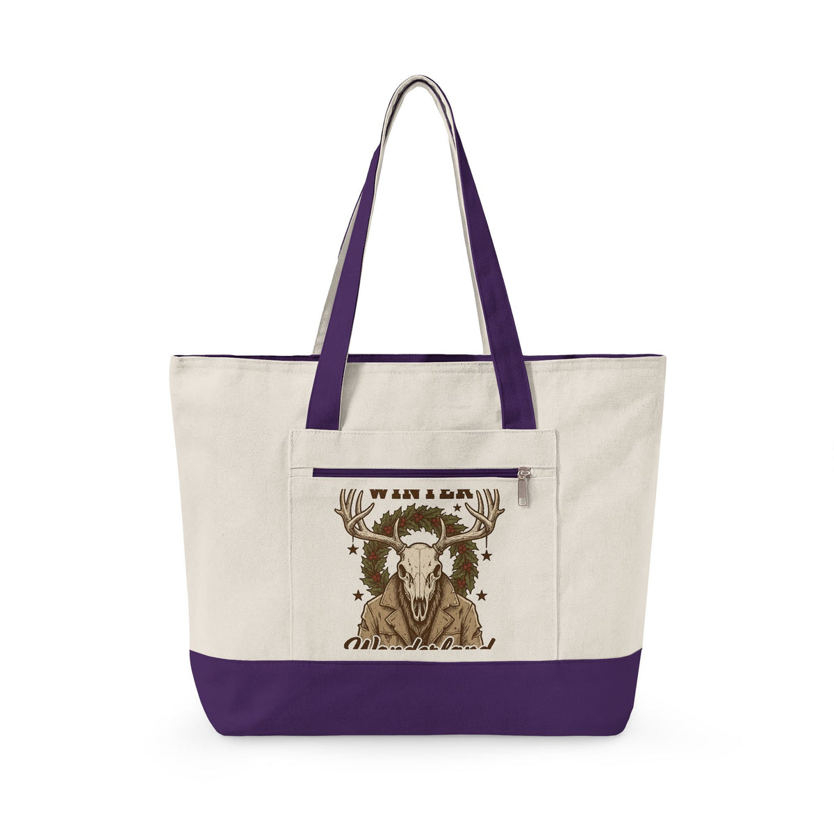 Antler Skull Tote Bag Christmas Frost Gift Women Throwback Tote Bag Deer Skull Tote Bag Xmas Fan Holiday Tote Bag Frosty Graphic Cartoon Pine Wreath