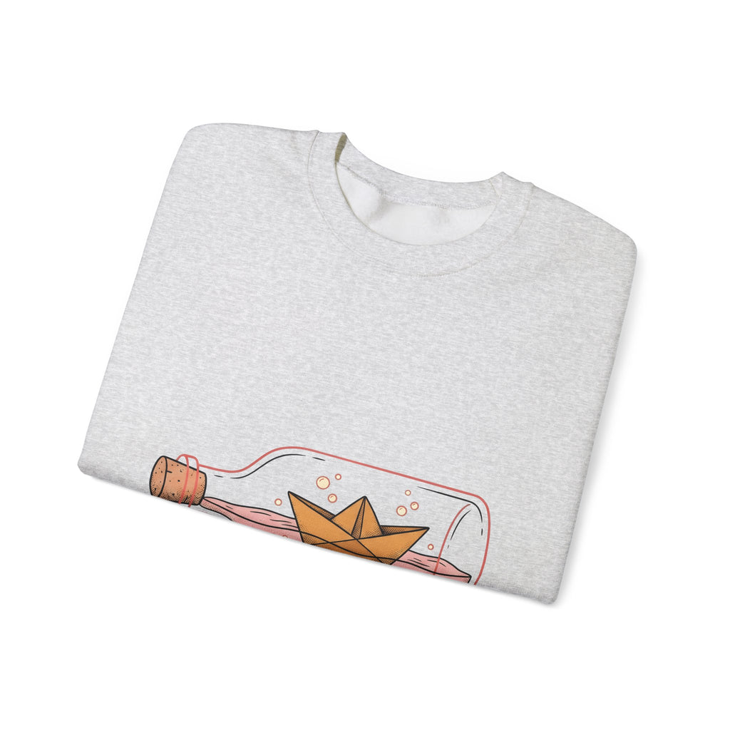 Paper Boat Bottle Sweatshirt Cute Nautical Gift Women Whimsical Sweatshirt Glass Bottle Sweatshirt Adorable Fan Artistic Sweatshirt Maritime Graphic Hand Drawn