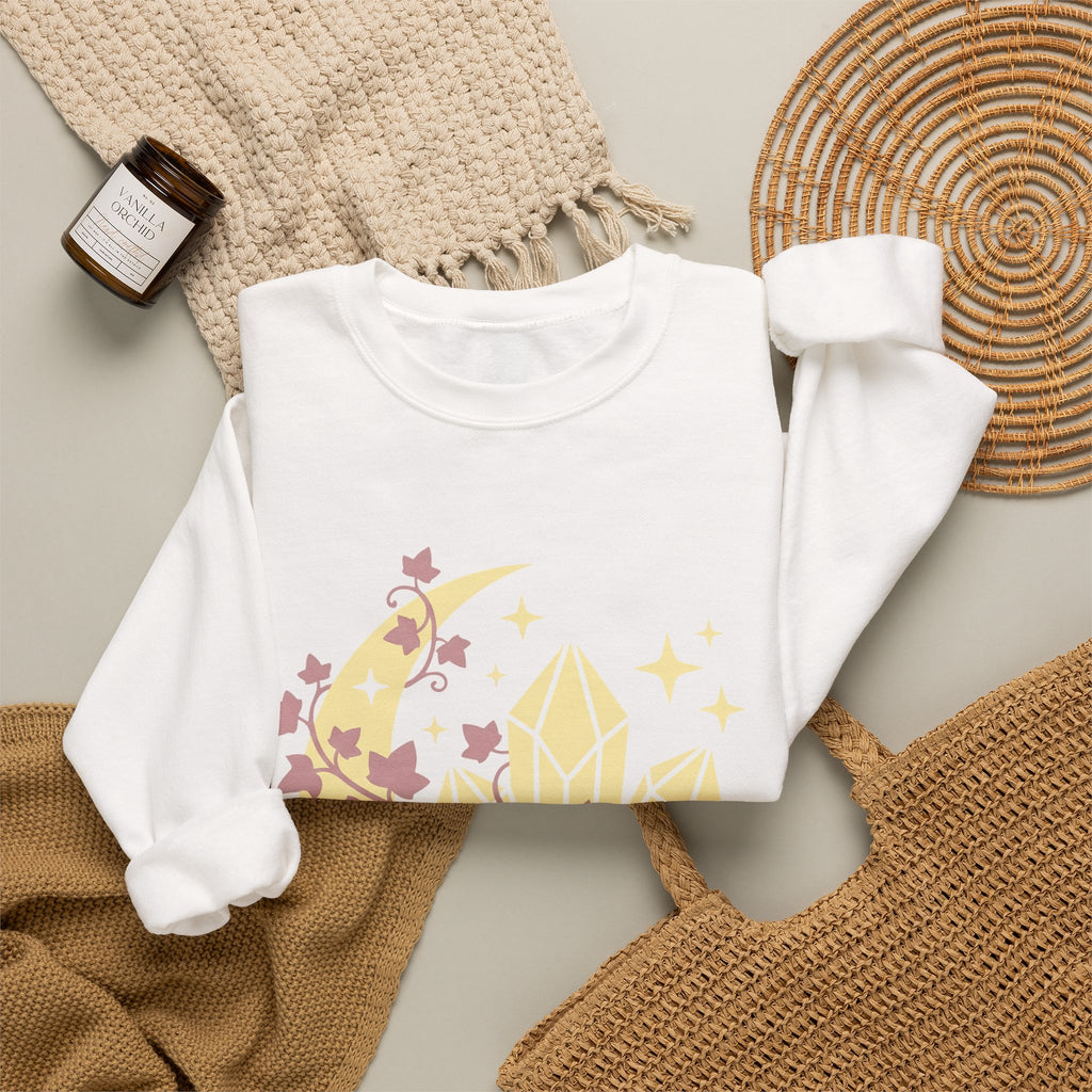 Moon Gems Sweatshirt Boho Chic Wellness Gift Women Starry Sweatshirt Lunar Stones Sweatshirt Bohemian Fan Celestial Sweatshirt Holistic Graphic Sleek Greenery