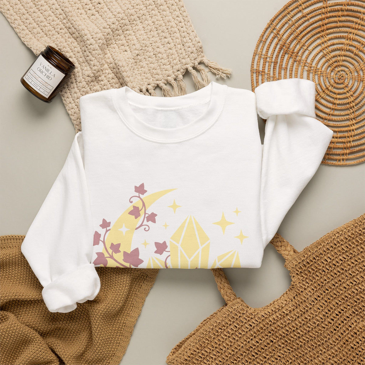 Moon Gems Sweatshirt Boho Chic Wellness Gift Women Starry Sweatshirt Lunar Stones Sweatshirt Bohemian Fan Celestial Sweatshirt Holistic Graphic Sleek Greenery