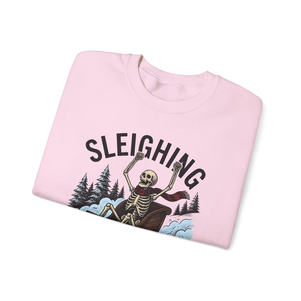 Bone Sleigh Sweatshirt Christmas Comedy Gift Women Shabby Chic Sweatshirt Sleigh Bell Sweatshirt Xmas Fan Distressed Sweatshirt Humor Graphic Doodle Fir Trees