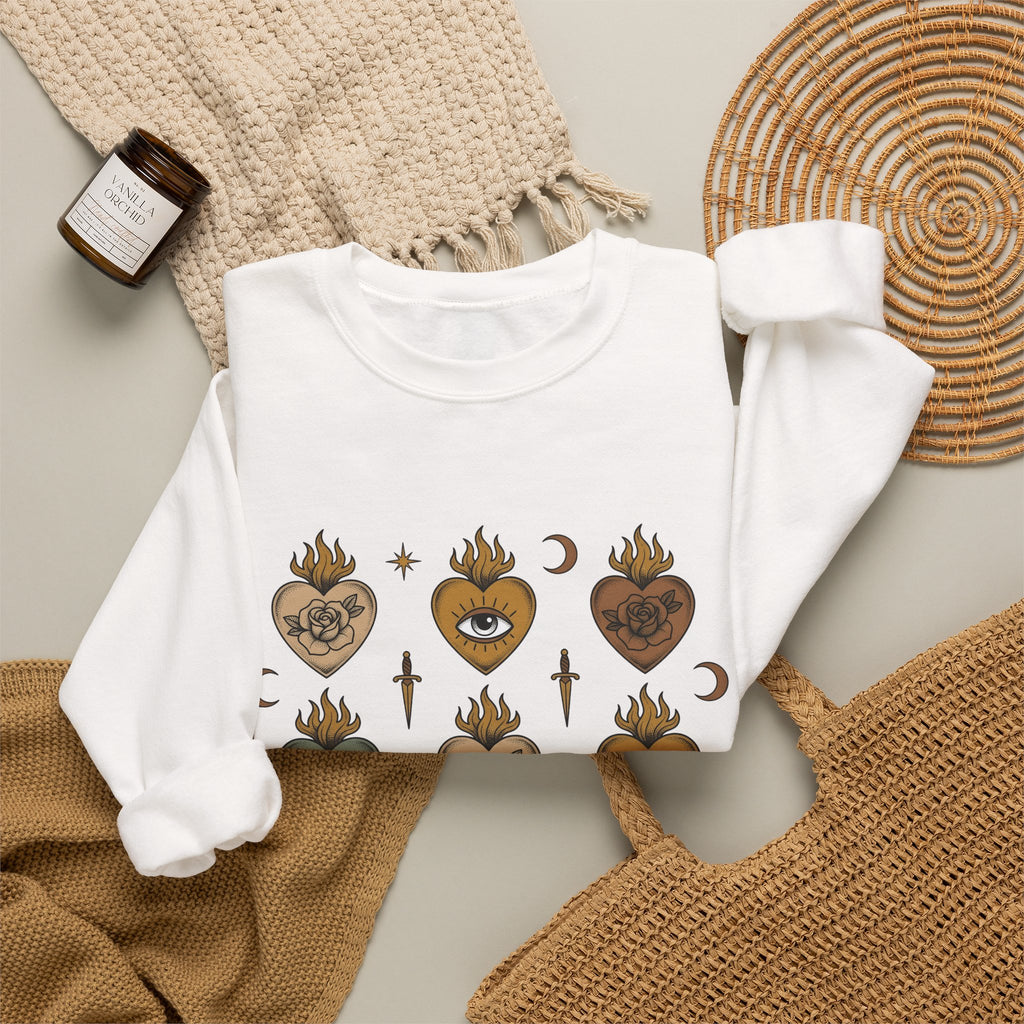 Sacred Heart Pattern Sweatshirt Boho Chic Mystical Gift Women Tattoo Sweatshirt Heart Design Sweatshirt Bohemian Fan Ink Graphic Sweatshirt Vintage Crescent