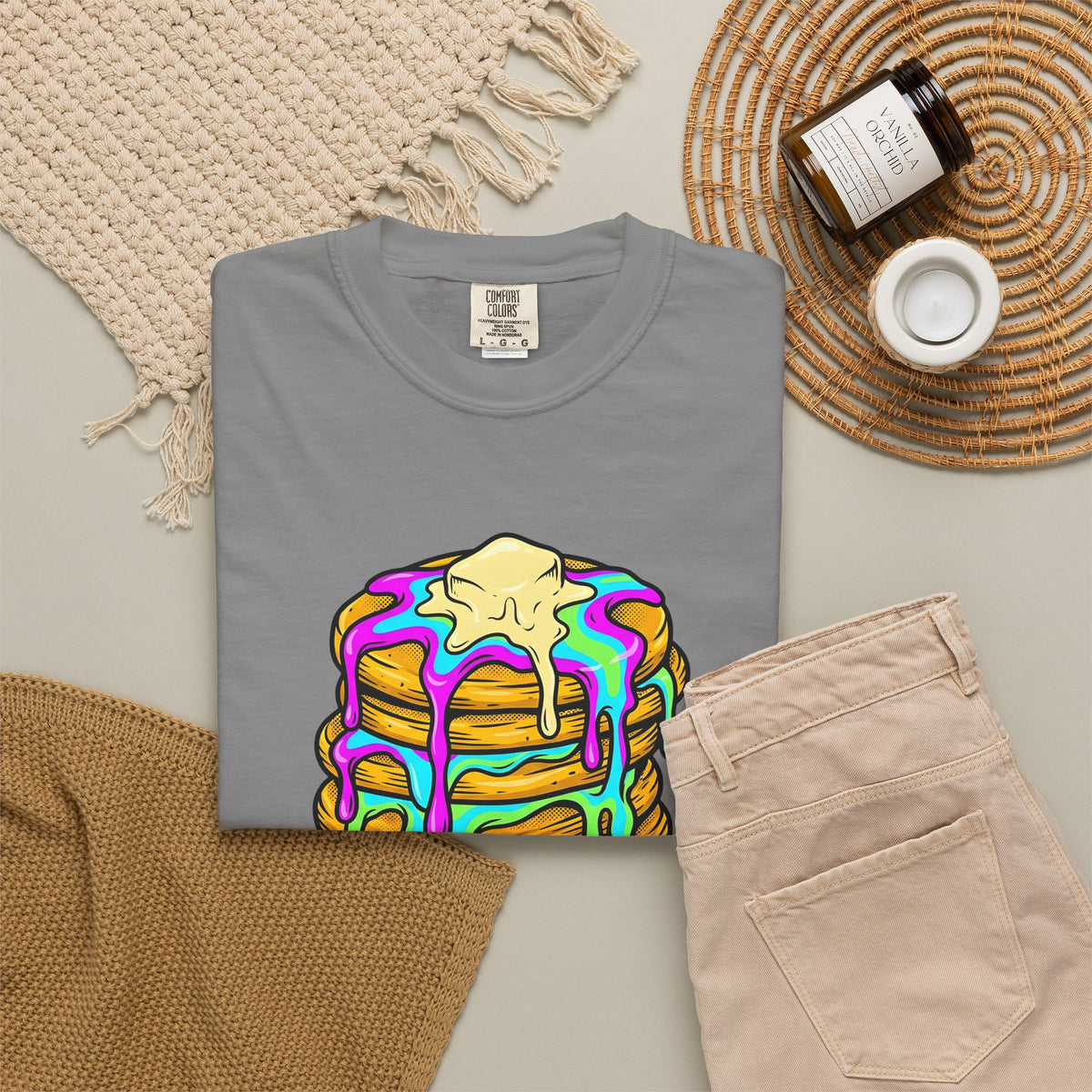 Pancake Tower T-Shirt Desserts Brunch Gift Women Cartoon T-Shirt Stack T-Shirt Sweets Fan Cute T-Shirt Breakfast Graphic Vintage Honey T-Shirt