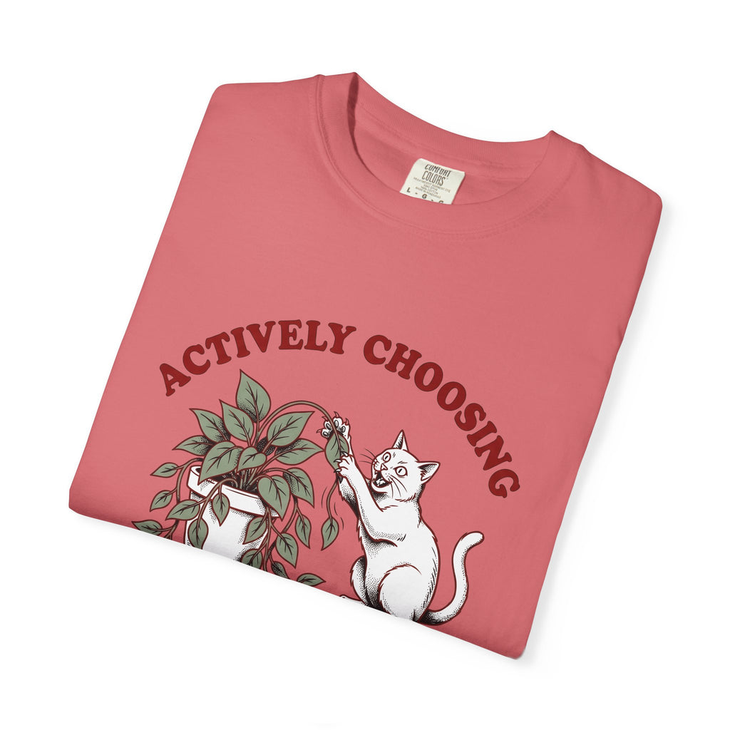 Feline Foliage T-Shirt Cat Comedy Gift Women Classic T-Shirt Cat Foliage T-Shirt Cat Fan Vintage T-Shirt Humor Graphic Ink Drawing Potted Plant