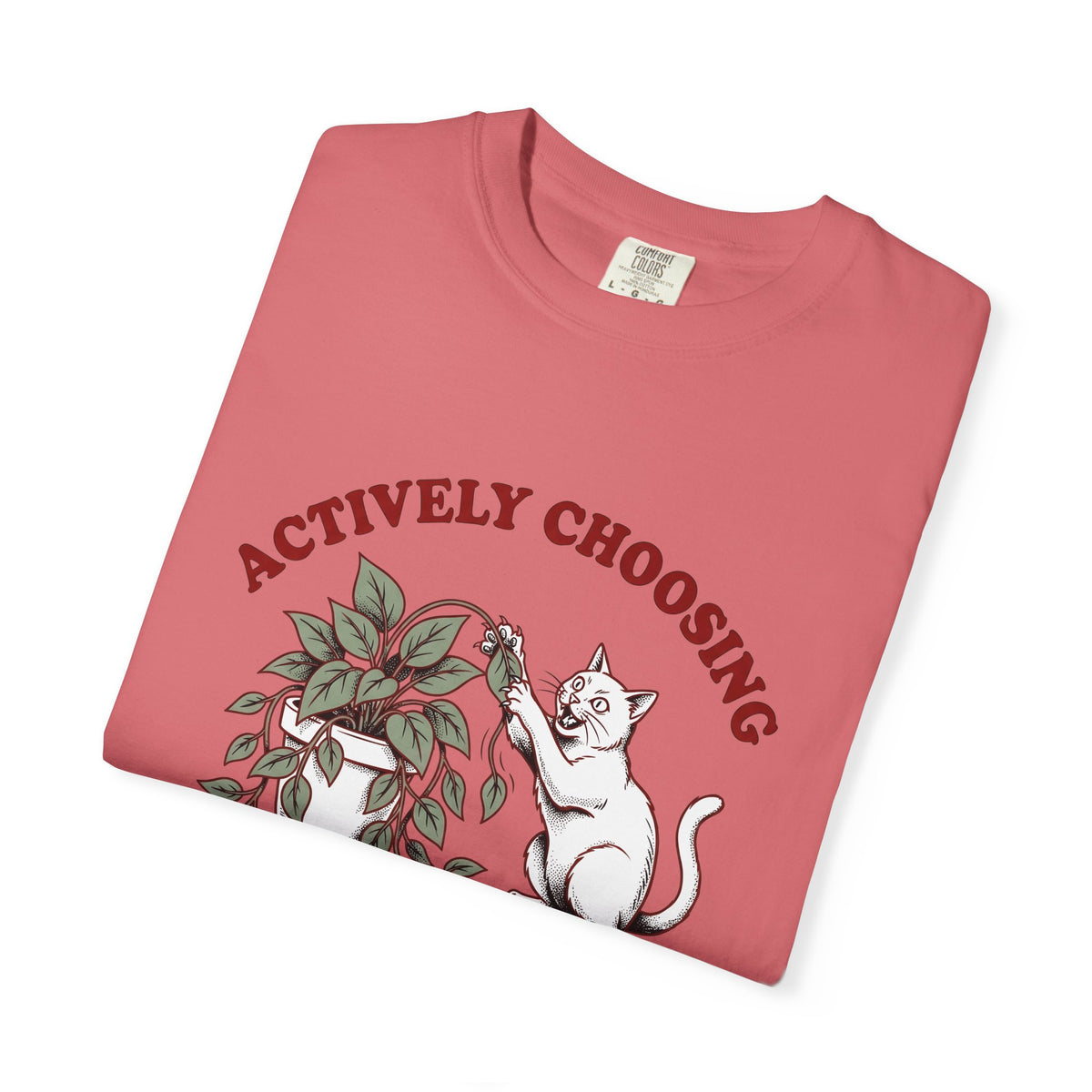 Feline Foliage T-Shirt Cat Comedy Gift Women Classic T-Shirt Cat Foliage T-Shirt Cat Fan Vintage T-Shirt Humor Graphic Ink Drawing Potted Plant